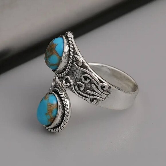 Boho Faux Turquoise Scroll Adjustable Spoon Ring #1312 - Picture 13 of 14